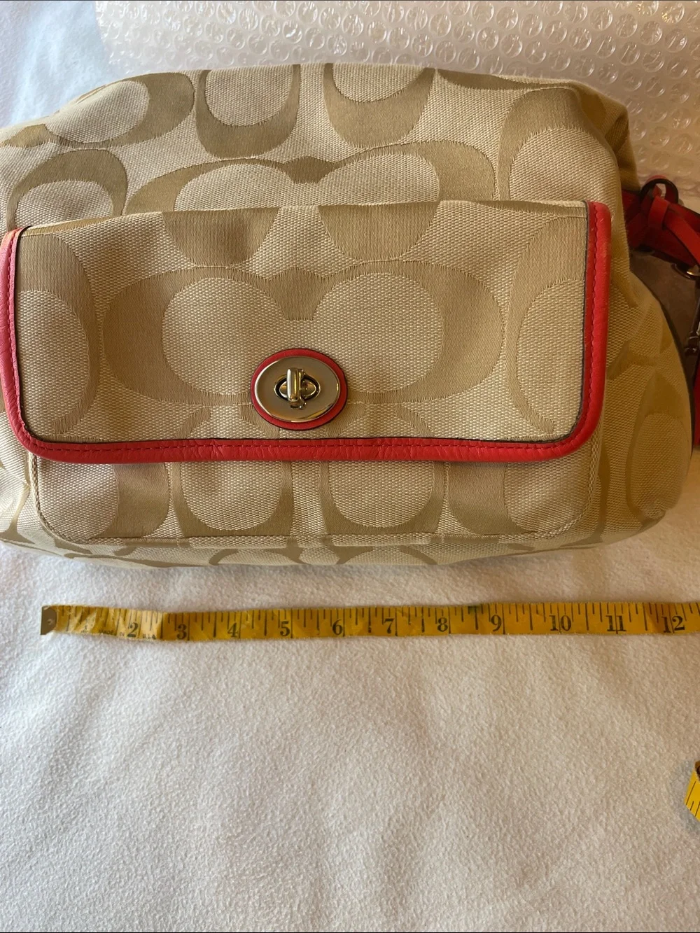 Coach Beige Gold and Canvas Crossbody with Coral Leather Trim